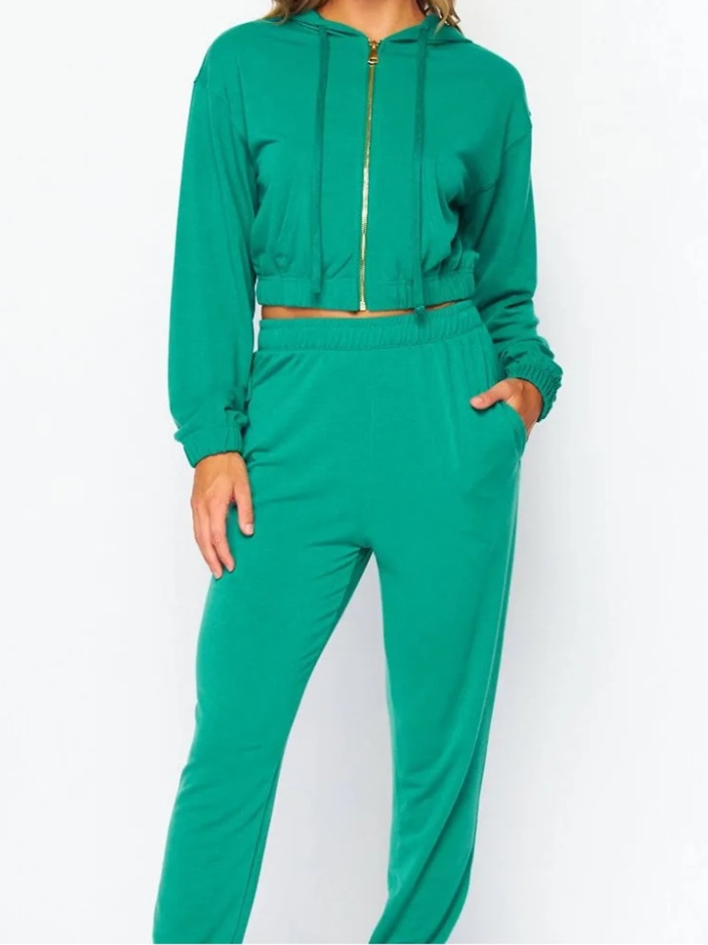 🆕 Love Poem Teal Green French Terry Cropped Hoodie & Jogger Pantsuit set - L